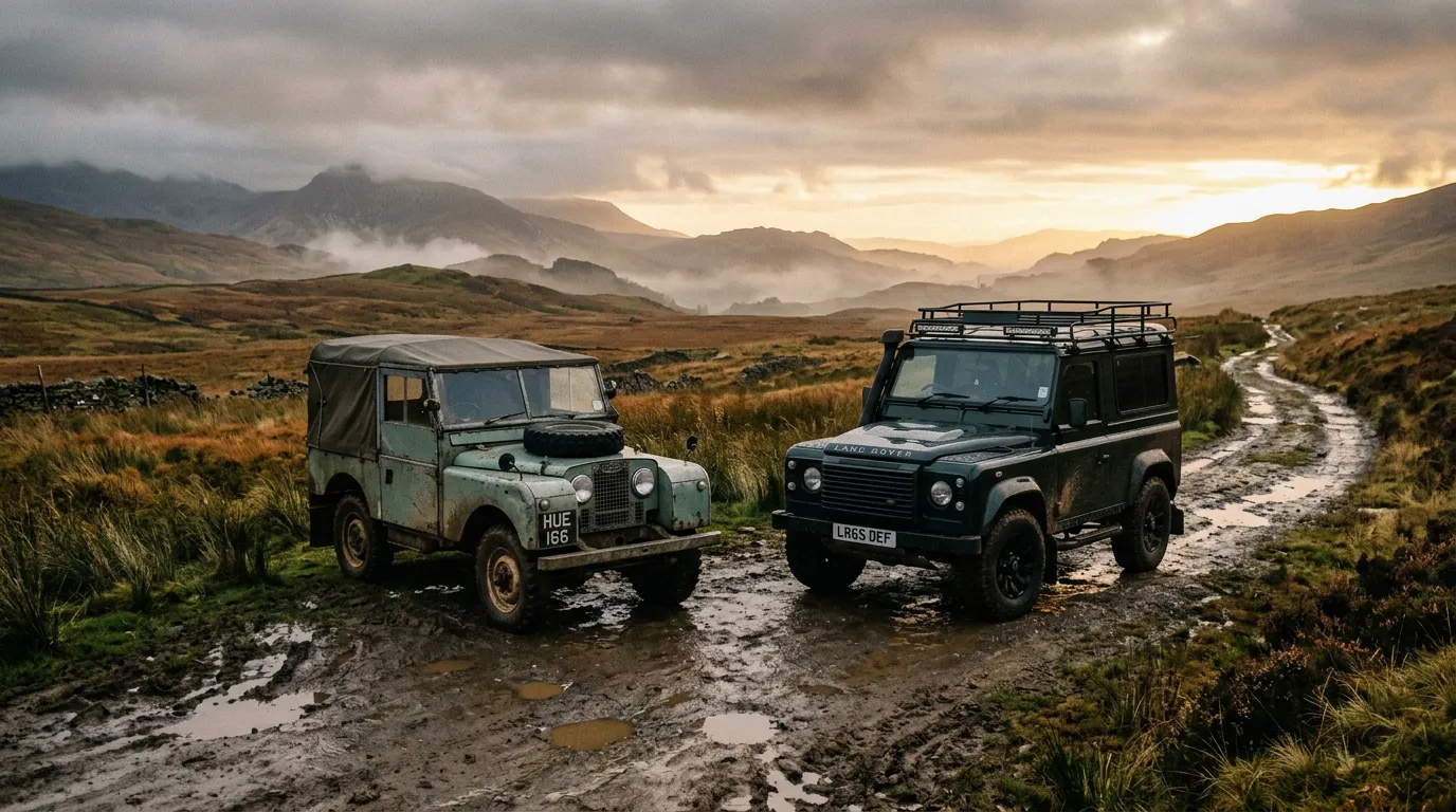 A Series I and a Defender 90 parked on a muddy moorland track at sunset